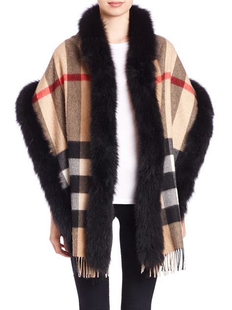 burberry fox fur scarf|BURBERRY Cashmere Fox Fur Check Pom Pom Scarf.